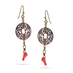 COPPER-TONE METAL FILIGREE CORAL DROP  EARRINGS #153MT3101 (5F2)