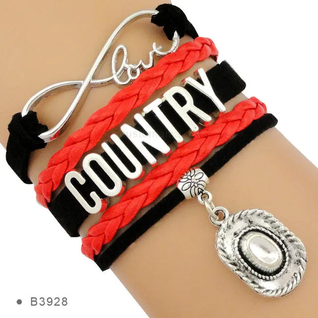 Country Boy Girl Cowboy Cowgirl Hat Boots Infinity Charm Bracelets Antique Silver Handmade Adjustable Jewelry Women Men Gift