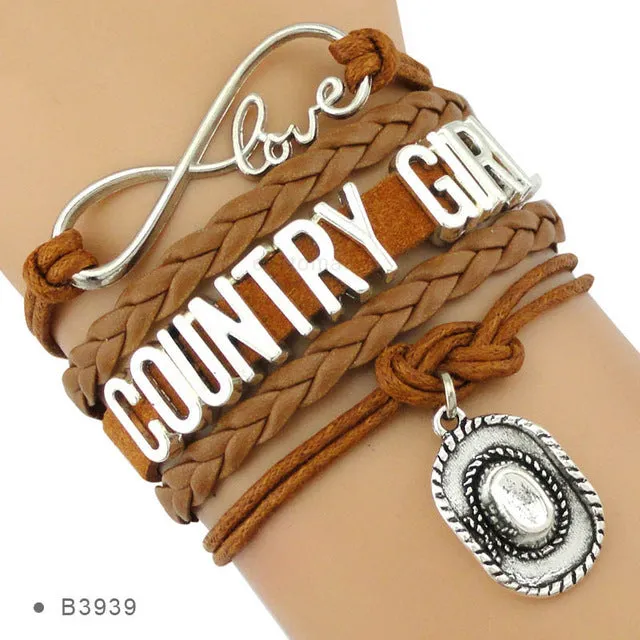 Country Boy Girl Cowboy Cowgirl Hat Boots Infinity Charm Bracelets Antique Silver Handmade Adjustable Jewelry Women Men Gift