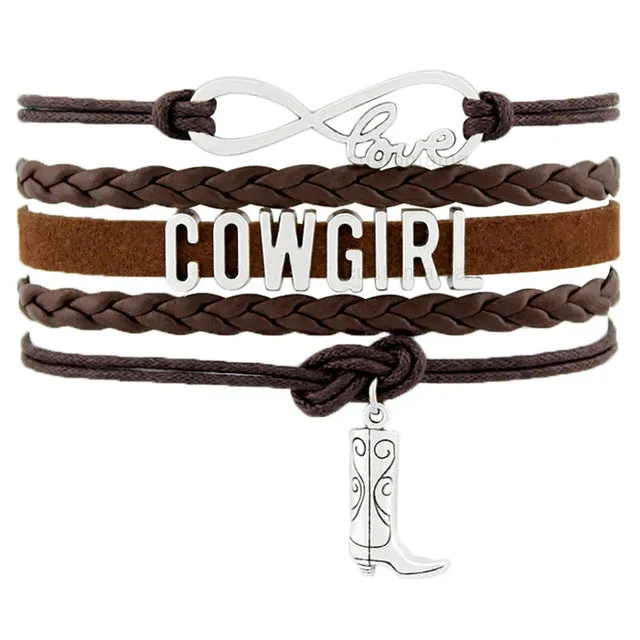 Country Boy Girl Cowboy Cowgirl Hat Boots Infinity Charm Bracelets Antique Silver Handmade Adjustable Jewelry Women Men Gift