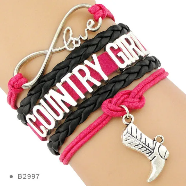 Country Boy Girl Cowboy Cowgirl Hat Boots Infinity Charm Bracelets Antique Silver Handmade Adjustable Jewelry Women Men Gift