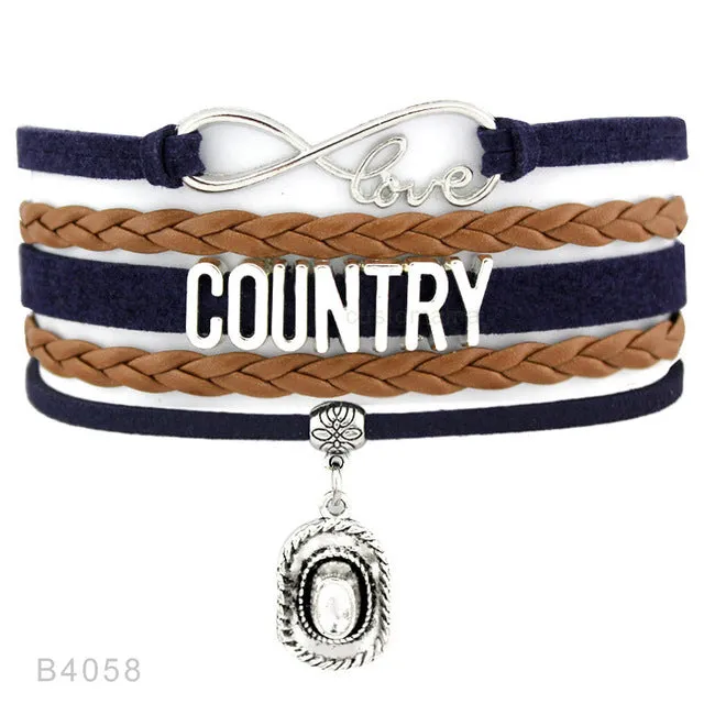 Country Boy Girl Cowboy Cowgirl Hat Boots Infinity Charm Bracelets Antique Silver Handmade Adjustable Jewelry Women Men Gift