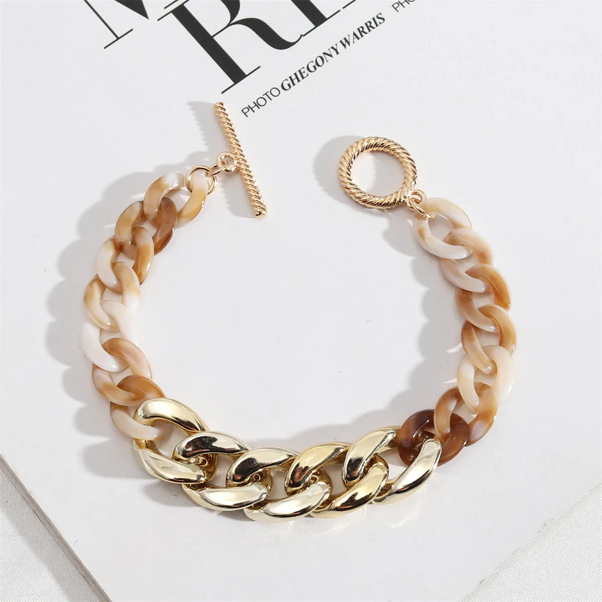 Cream Resin & 18K Gold-Plated Tortoise-Print Curb Chain Toggle Bracelet
