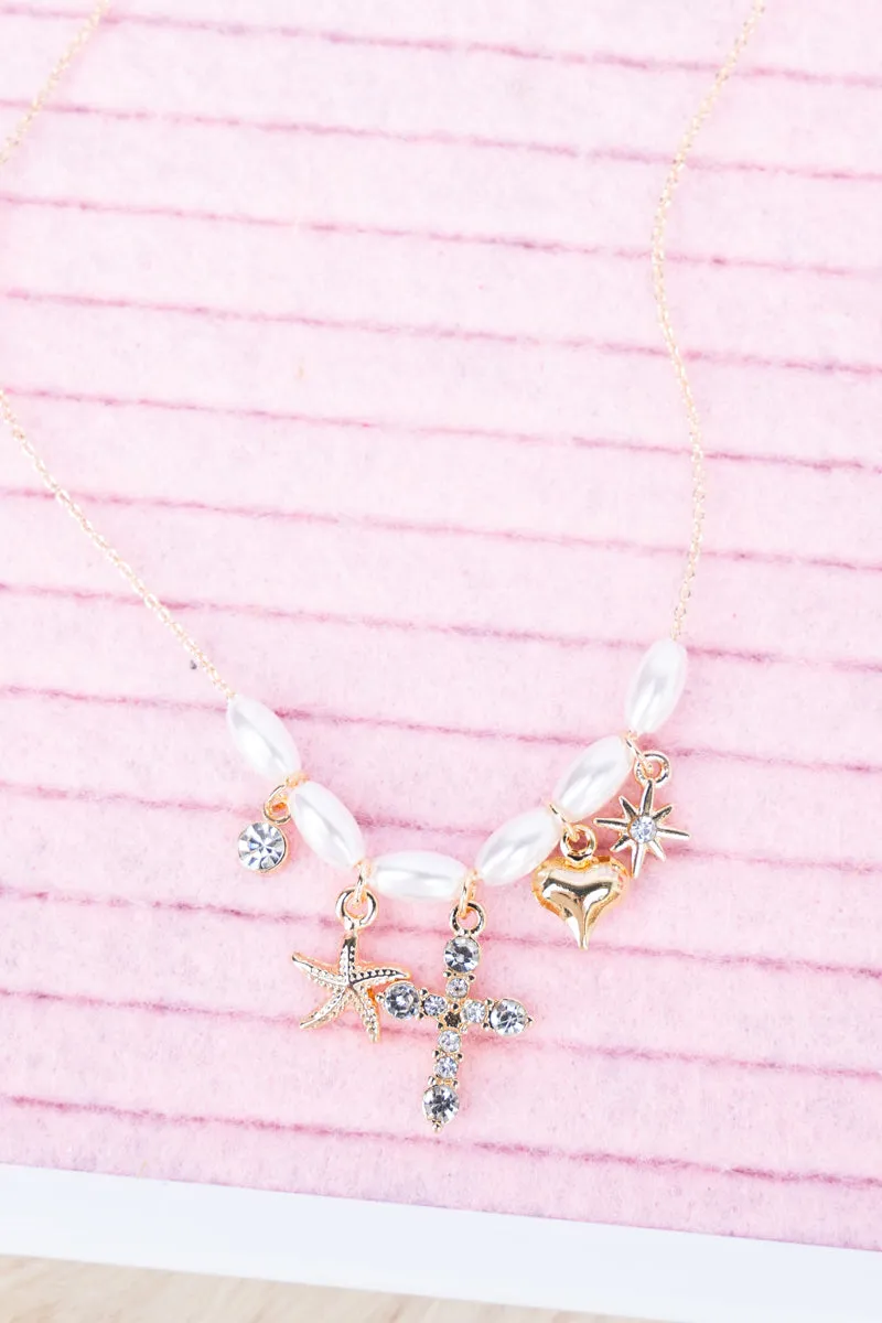 Crystal Cross Goldtone Pearl Necklace
