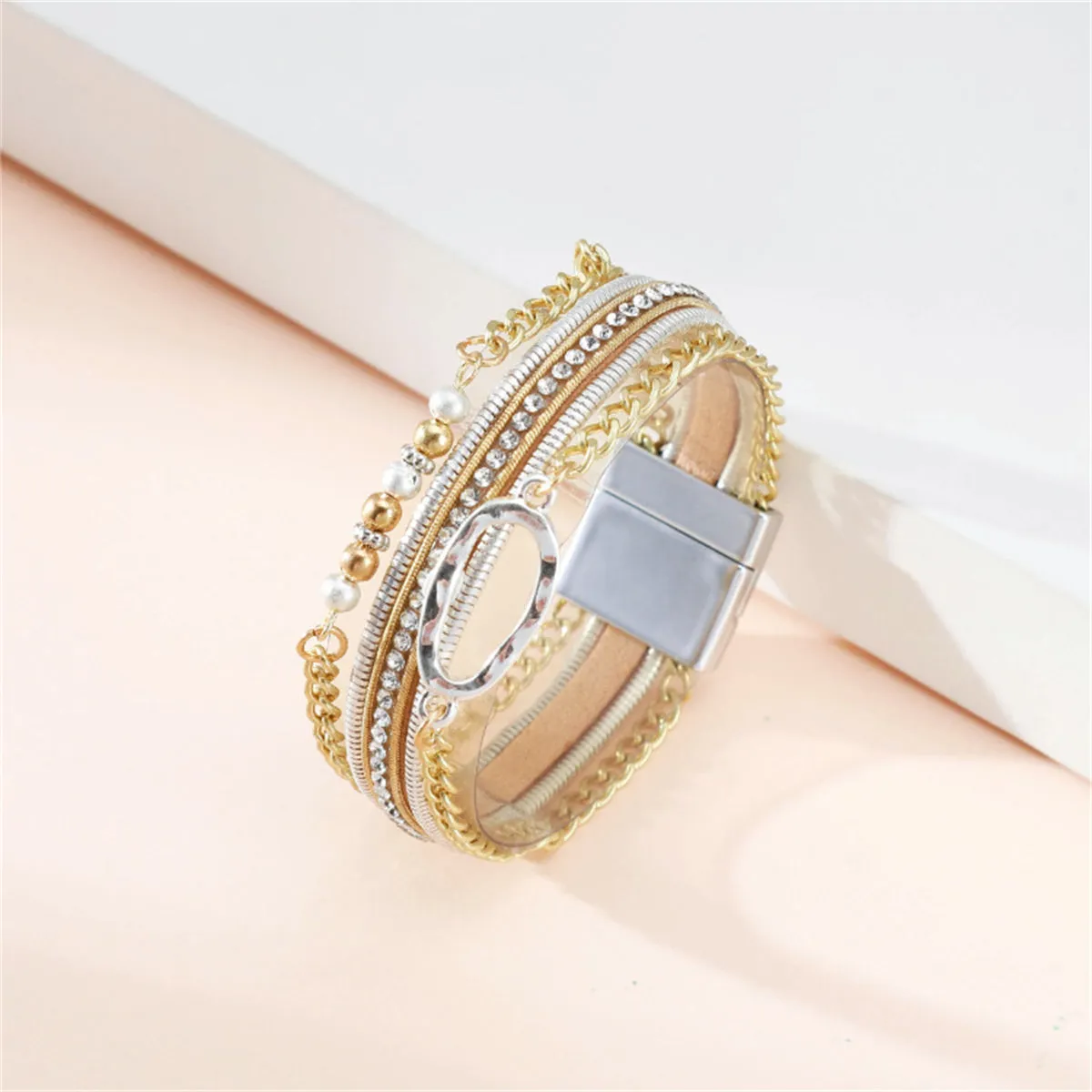 Cubic Zirconia & Polystyrene Pearl Two-Tone Strand Bracelet