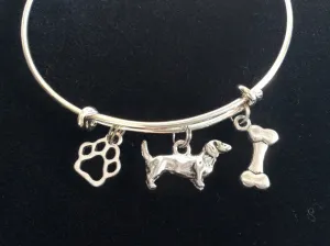 Dachshund Dog, Bone and Paw Print Charm Silver Expandable Bracelet Adjustable Bangle Lover Gift Trendy