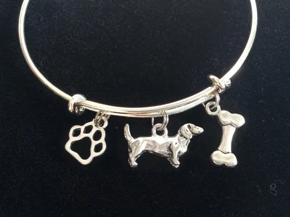 Dachshund Dog, Bone and Paw Print Charm Silver Expandable Bracelet Adjustable Bangle Lover Gift Trendy