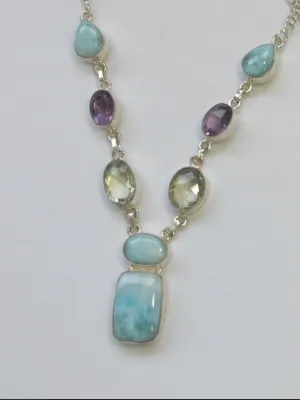 Delicate Larimar Necklace 2 with Green and Purple Amethyst Quartz