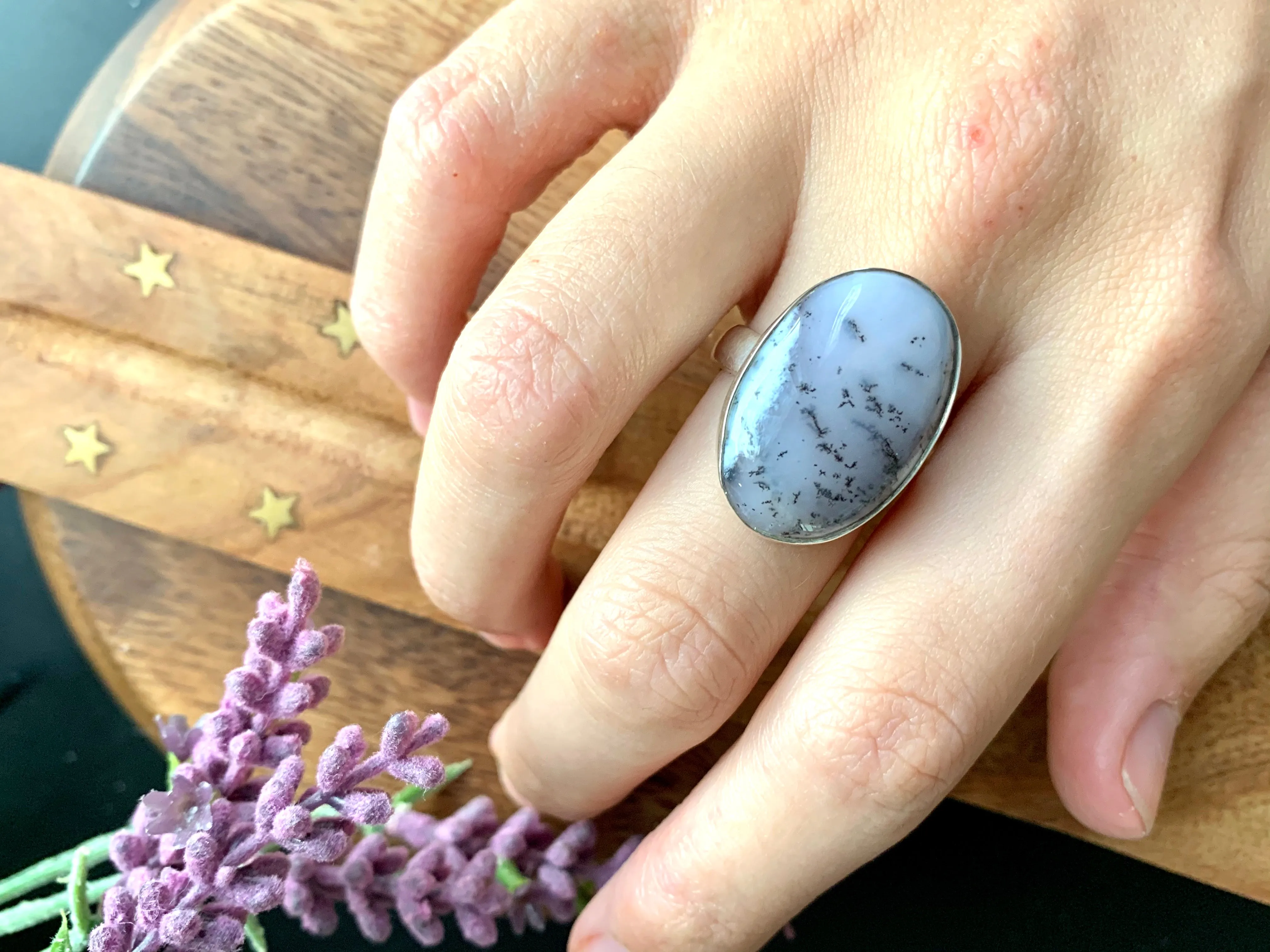 Dendritic Agate Adjustable Ring - Oval A