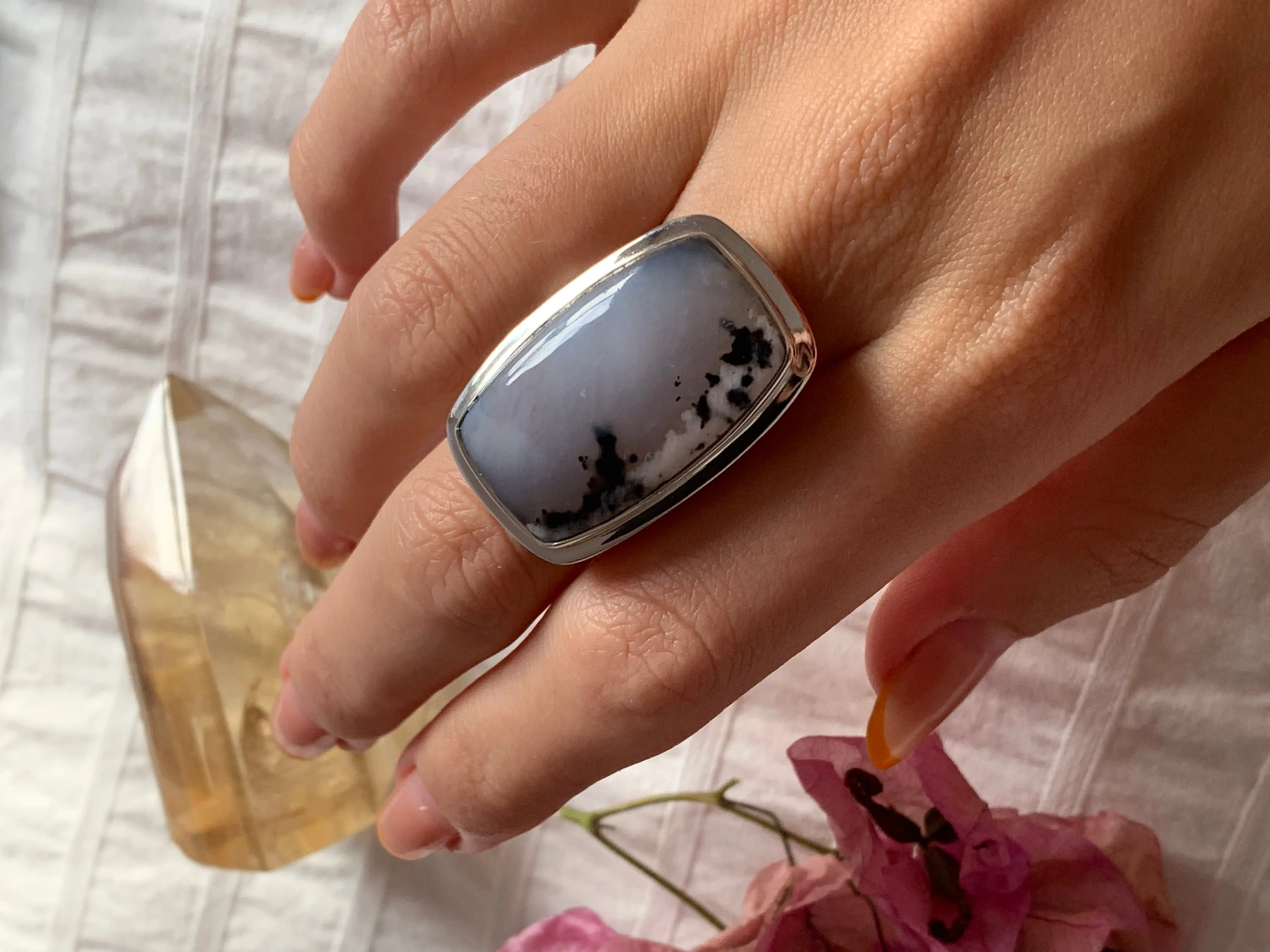 Dendritic Agate Ansley Ring - Large Rectangle (US 9.5)