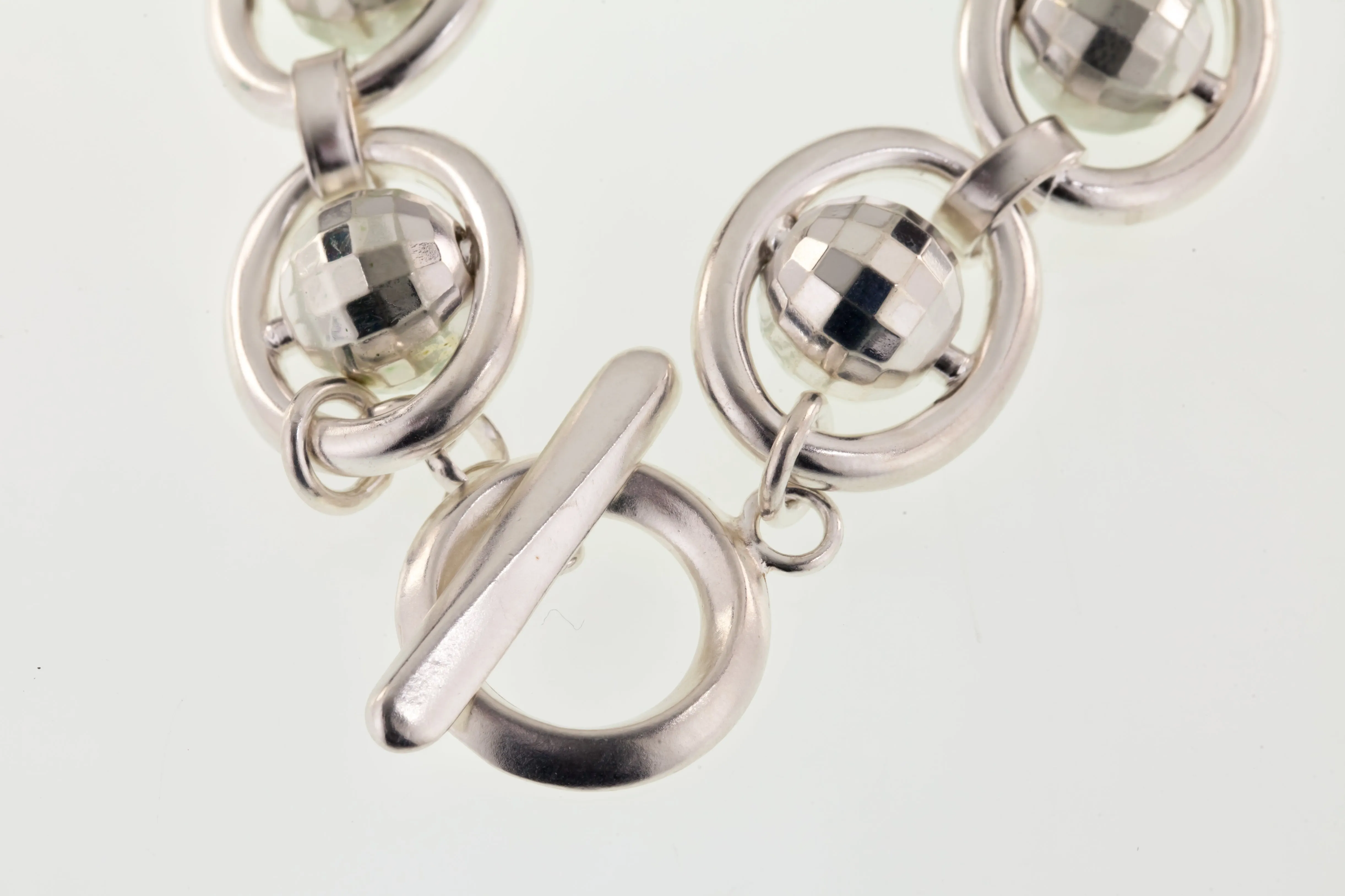 Disco Mirror Ball Sterling Silver Link Toggle Clasp Bracelet 7.25"