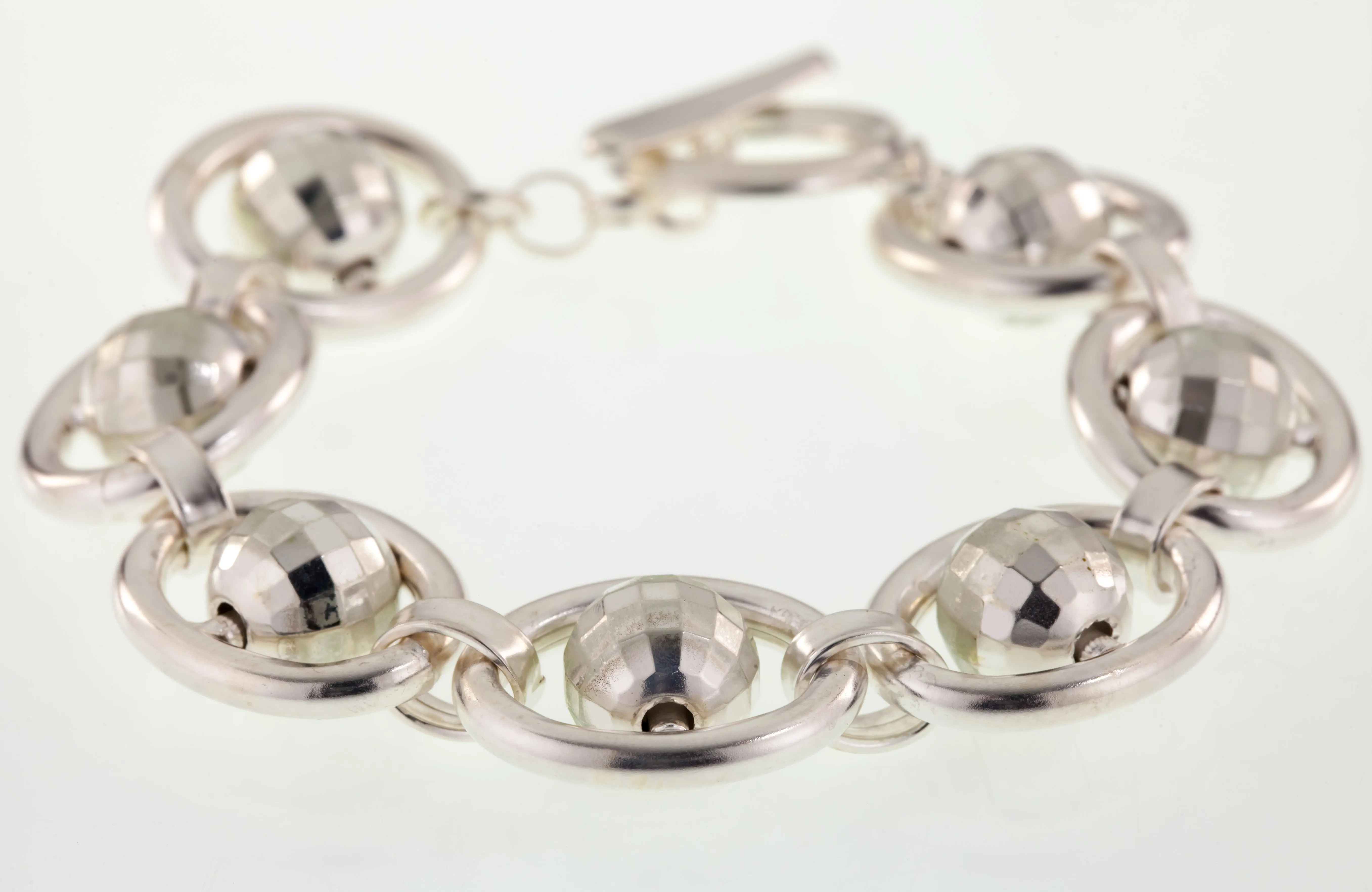 Disco Mirror Ball Sterling Silver Link Toggle Clasp Bracelet 7.25"