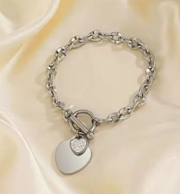 Double Heart Tag Stainless Steel Bracelet Non Tarnish Gold & Silver Heart Link Bracelets