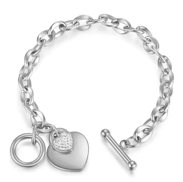 Double Heart Tag Stainless Steel Bracelet Non Tarnish Gold & Silver Heart Link Bracelets
