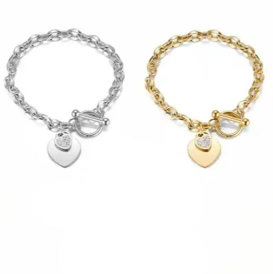 Double Heart Tag Stainless Steel Bracelet Non Tarnish Gold & Silver Heart Link Bracelets