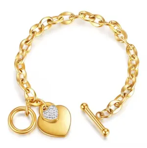 Double Heart Tag Stainless Steel Bracelet Non Tarnish Gold & Silver Heart Link Bracelets