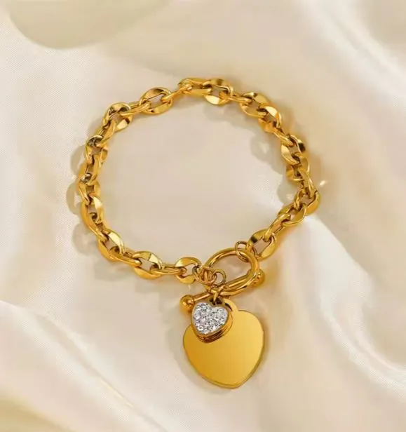 Double Heart Tag Stainless Steel Bracelet Non Tarnish Gold & Silver Heart Link Bracelets