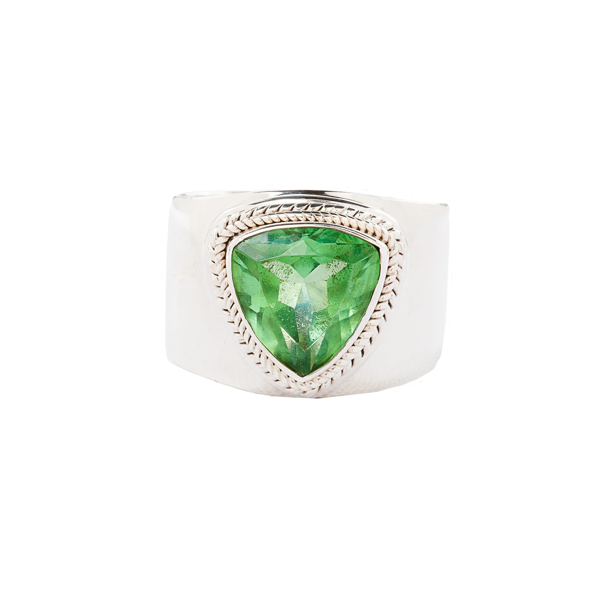 Double Rope Bezel Green Trillion Quartz - Handcrafted Sterling Silver Ring