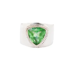 Double Rope Bezel Green Trillion Quartz - Handcrafted Sterling Silver Ring