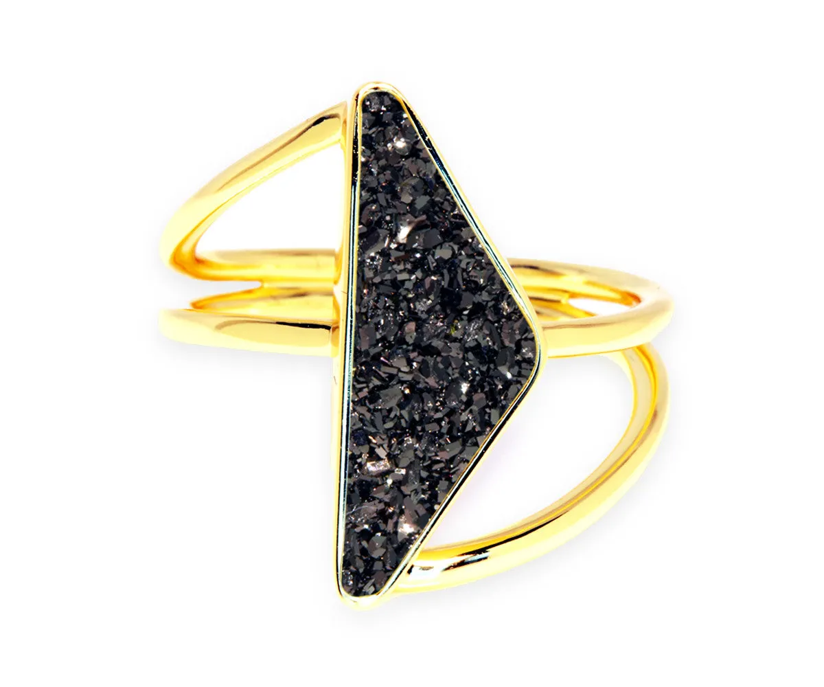 Double Twist Black Druzy 14k Gold Ring