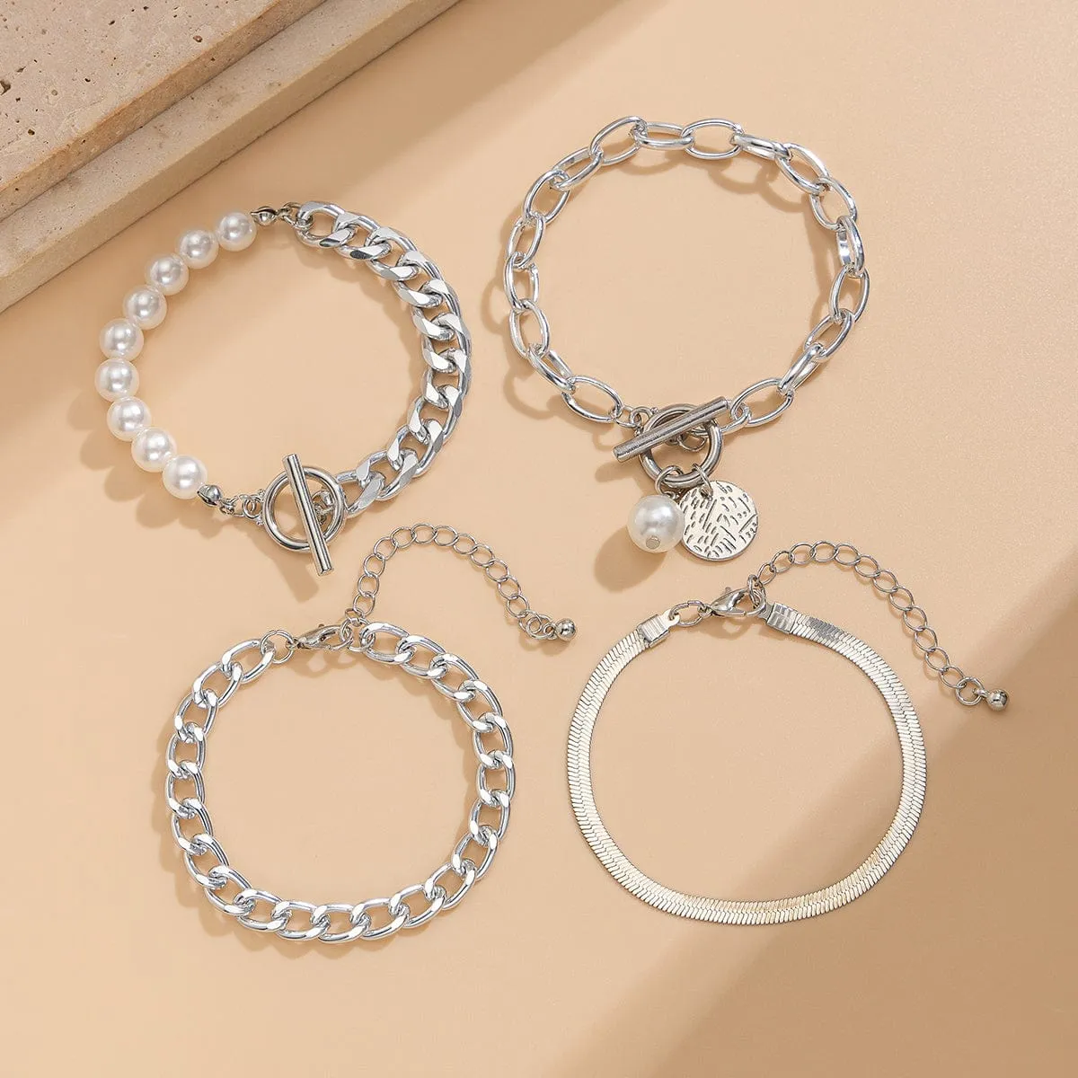 Elegant 4pcs Toggle Clasp Round Disk Charm Pearl Cable Chain Bracelet Set