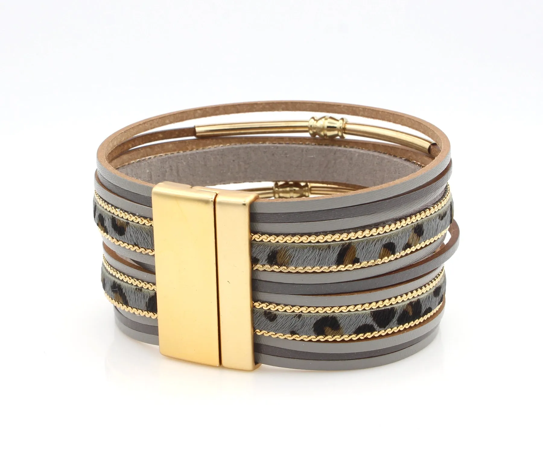 Elegant Animal Print Gold Gray Leather Bracelet