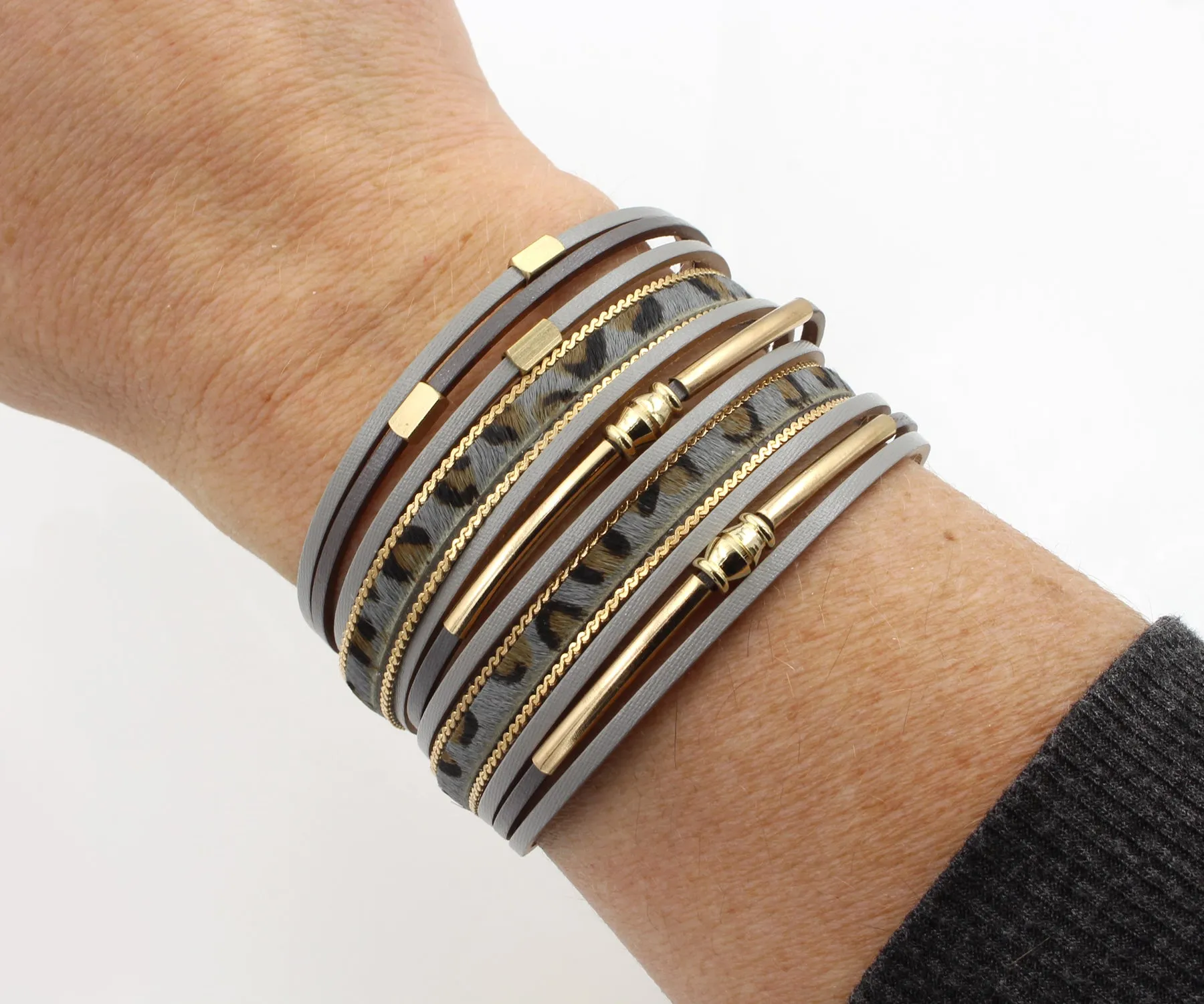 Elegant Animal Print Gold Gray Leather Bracelet