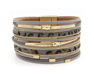 Elegant Animal Print Gold Gray Leather Bracelet
