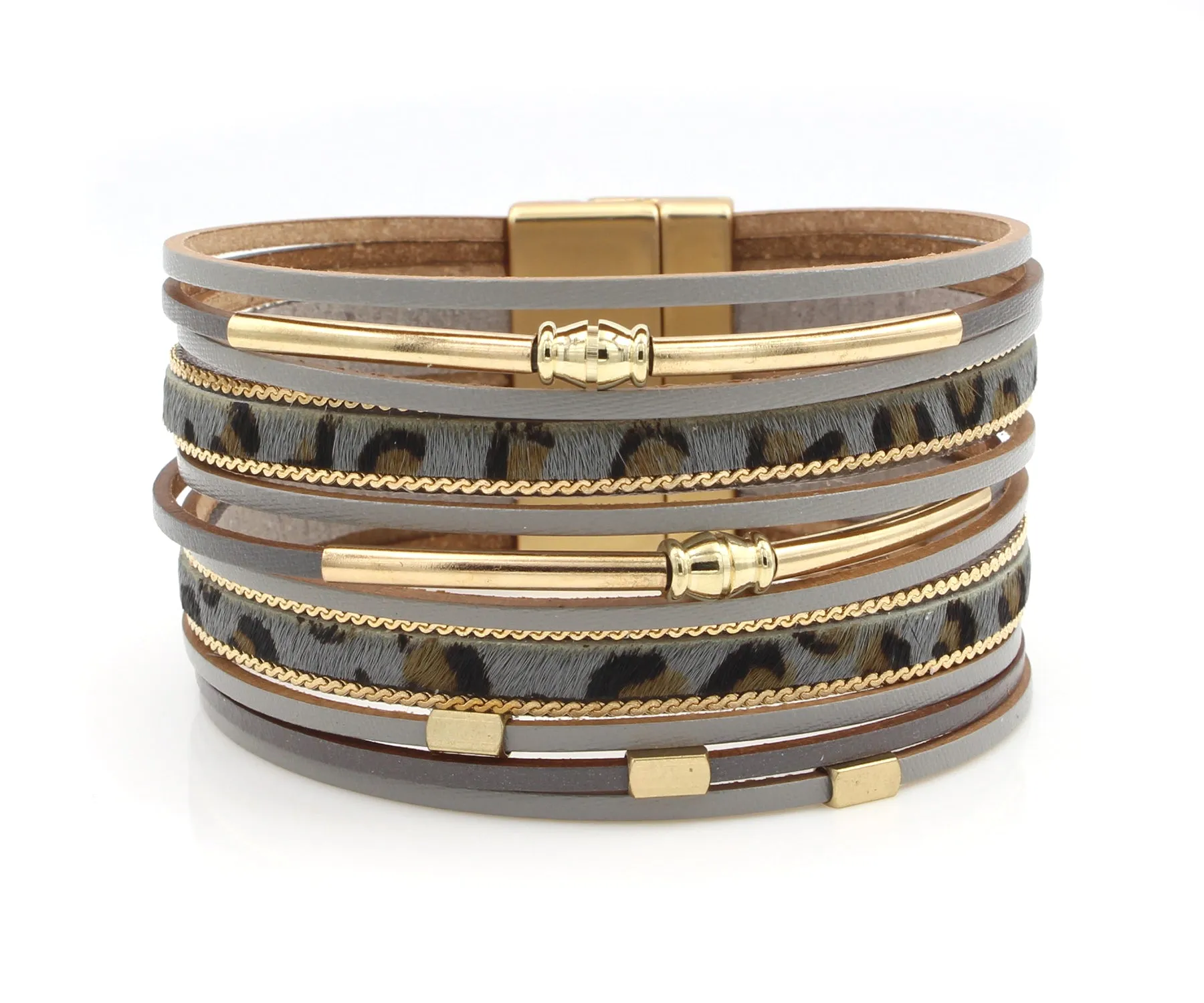Elegant Animal Print Gold Gray Leather Bracelet