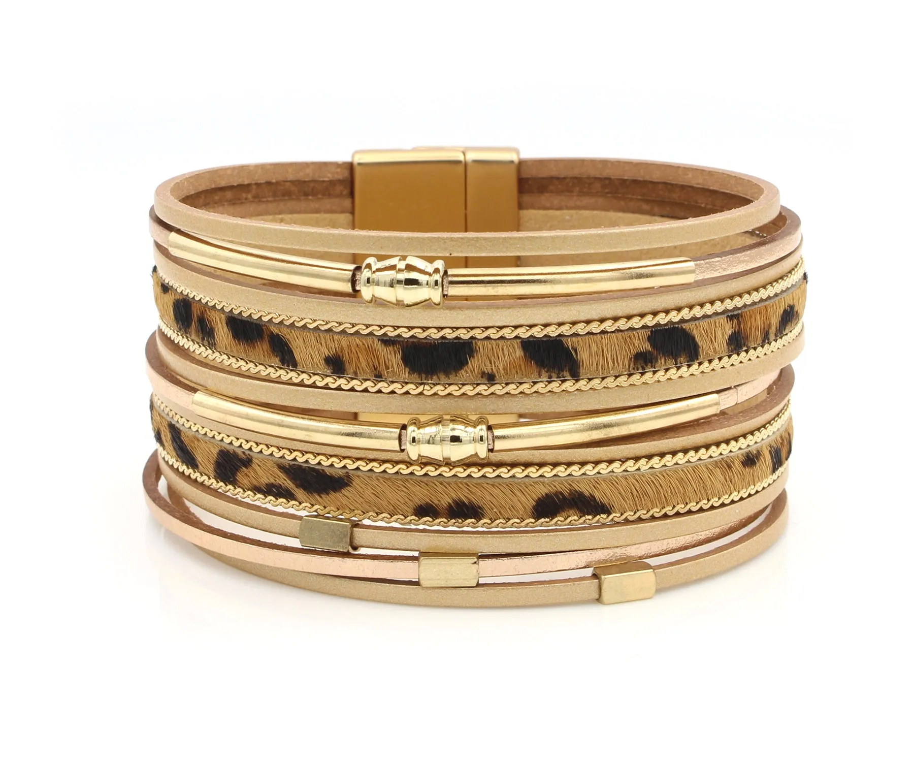 Elegant Animal Print Gold Tan Leather Bracelet
