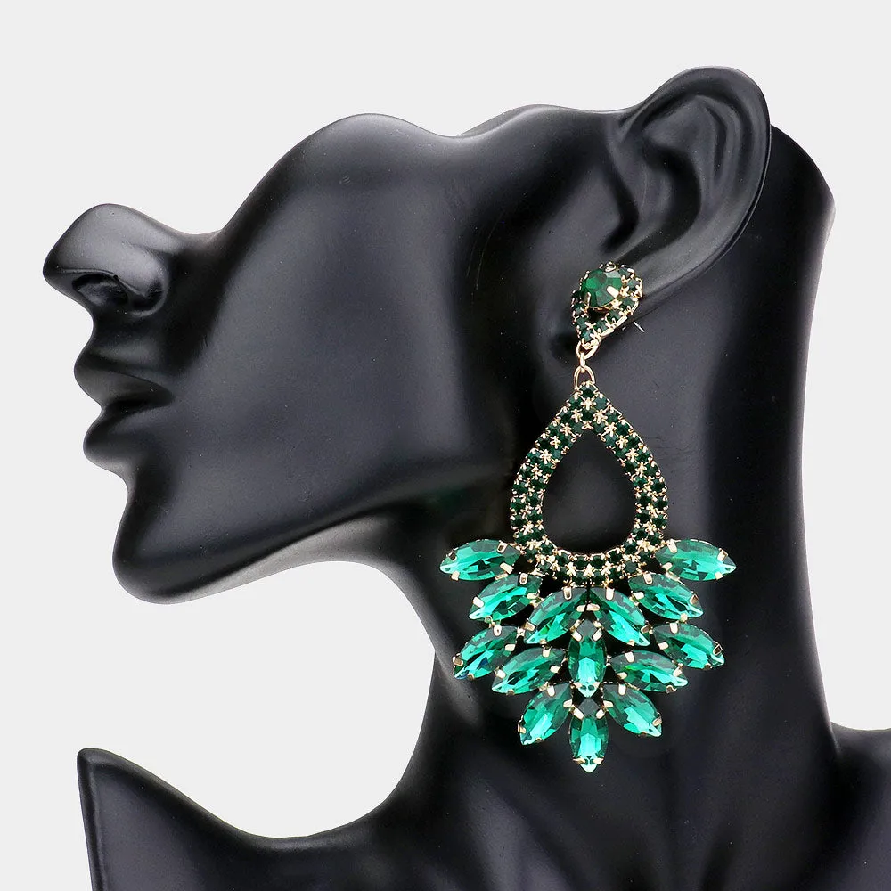 Elegant Marquise Emerald Crystal Cluster Chandelier Pageant Earrings  / Prom Earrings | 548472