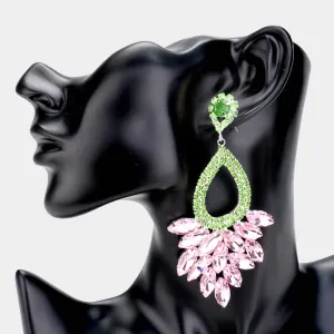 Elegant Marquise Pink & Green Crystal Cluster Chandelier Pageant Earrings  / Prom Earrings | 533159