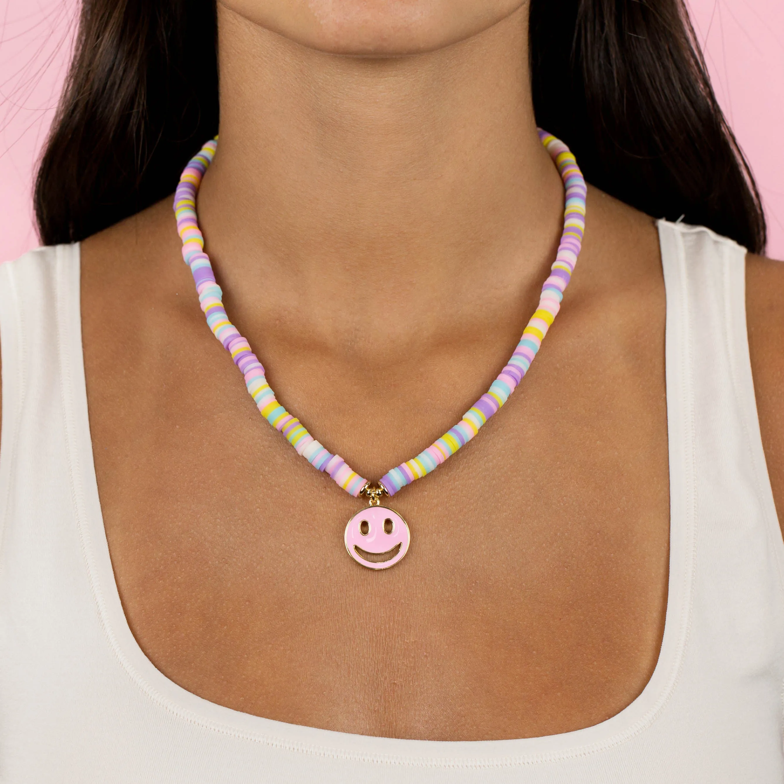 Enamel Smiley Face Pastel Beaded Necklace