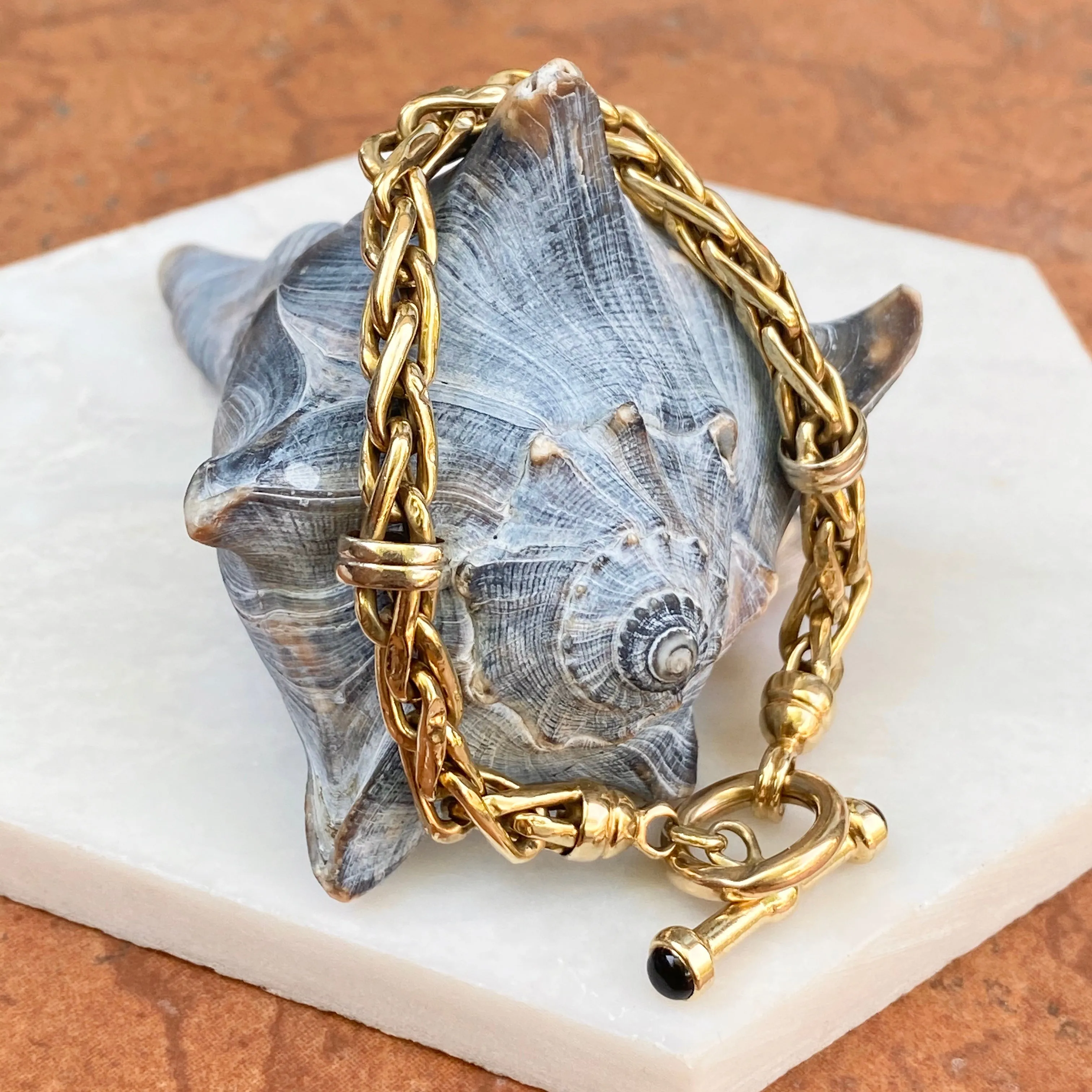 Estate 14KT Yellow Gold Rounded Wheat Link Toggle Bracelet with Onyx End Caps