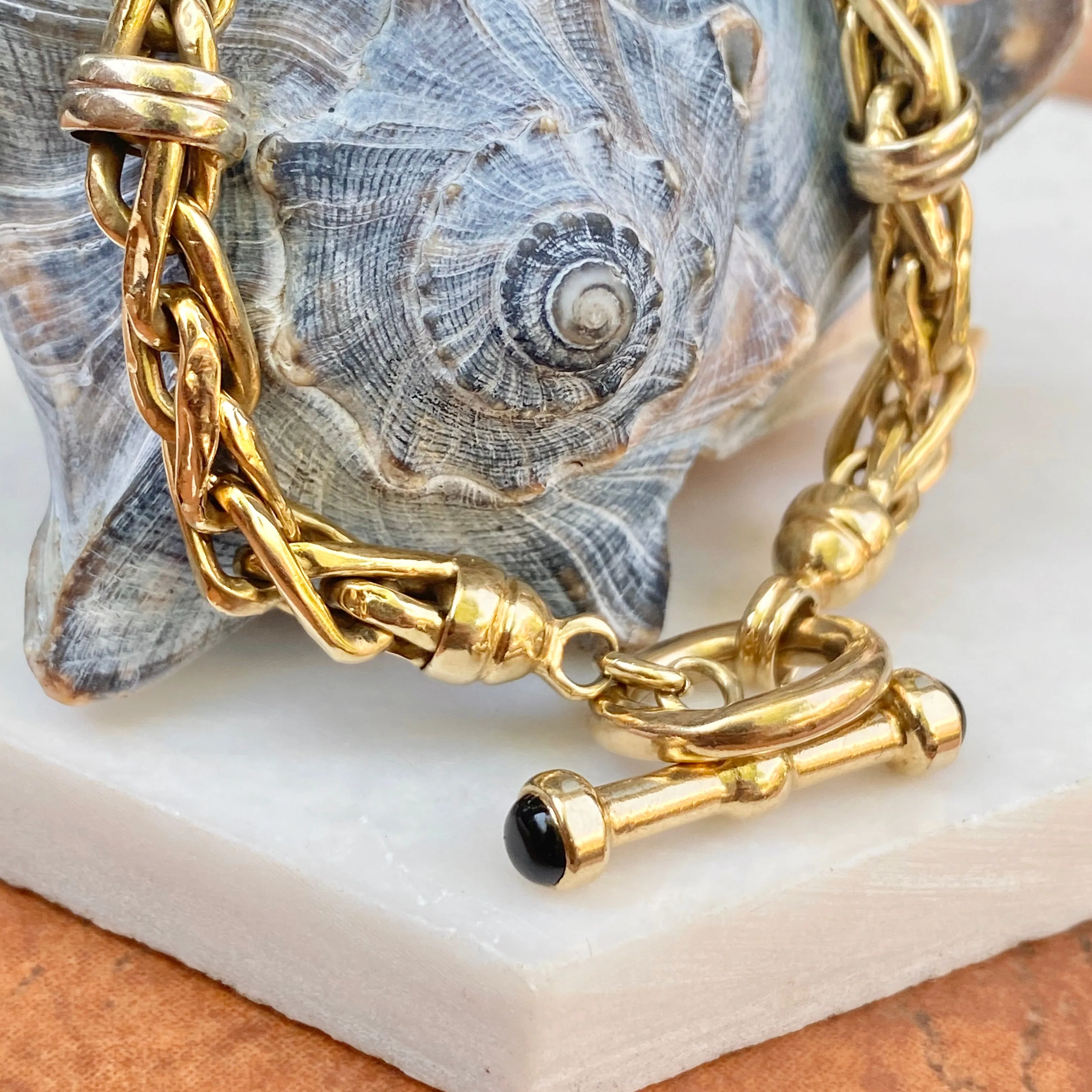 Estate 14KT Yellow Gold Rounded Wheat Link Toggle Bracelet with Onyx End Caps