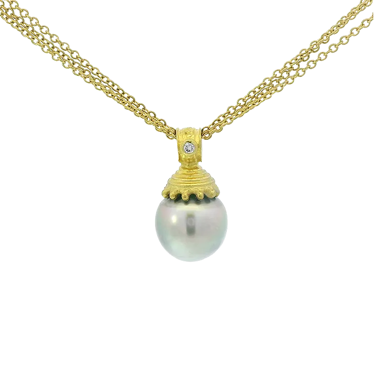 Estate 18k Yellow Gold Pearl & Diamond Drop Necklace