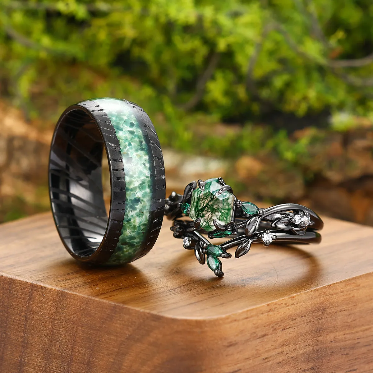 Exquisite Moss Agate Sprigs Engagement Couple Rings Set Promise  Green Damascus Steel Matching Wedding Rings