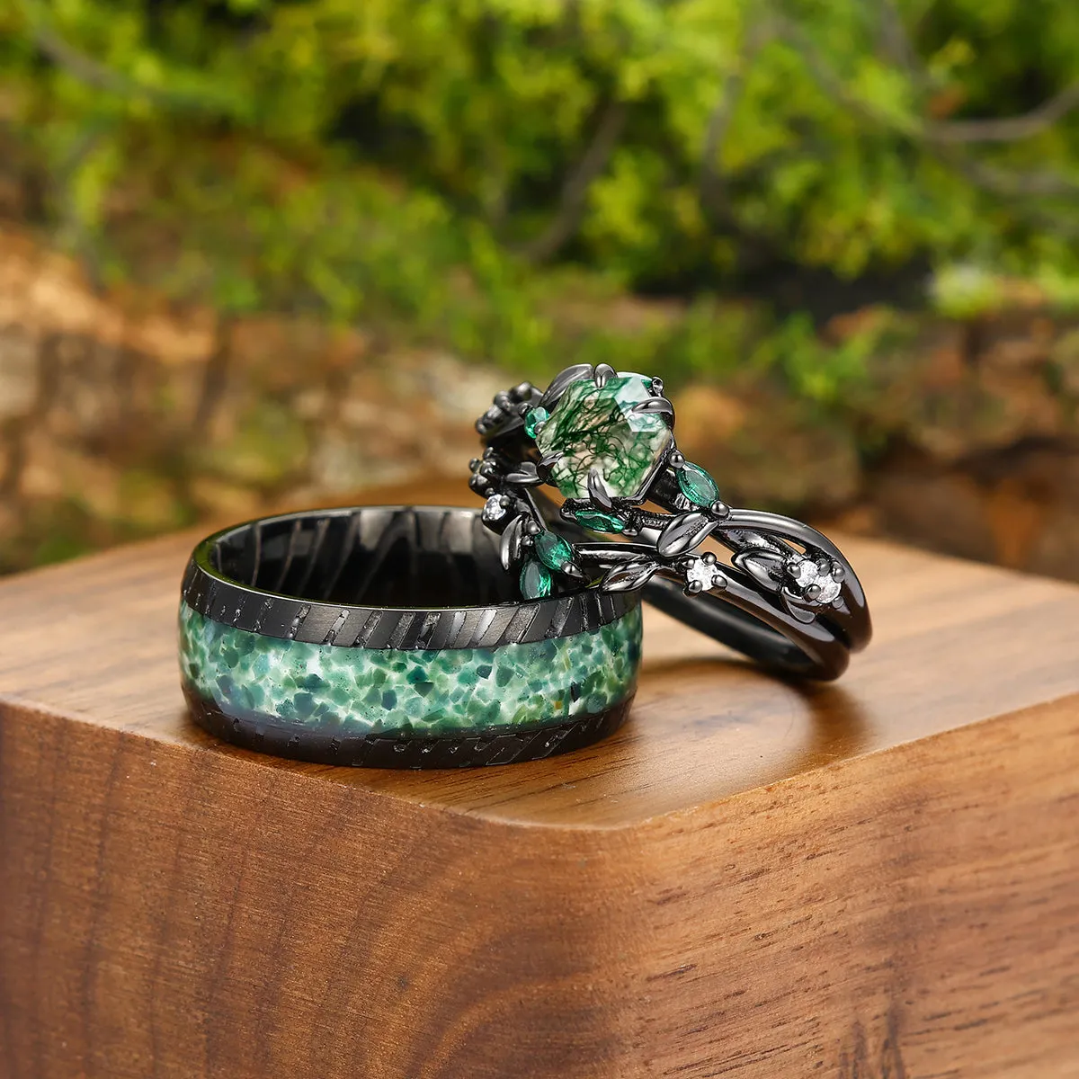 Exquisite Moss Agate Sprigs Engagement Couple Rings Set Promise  Green Damascus Steel Matching Wedding Rings