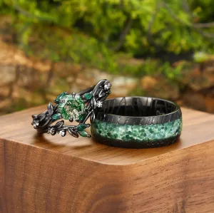 Exquisite Moss Agate Sprigs Engagement Couple Rings Set Promise  Green Damascus Steel Matching Wedding Rings
