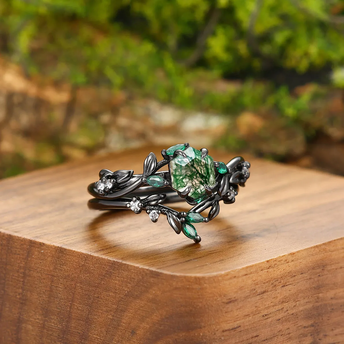 Exquisite Moss Agate Sprigs Engagement Couple Rings Set Promise  Green Damascus Steel Matching Wedding Rings