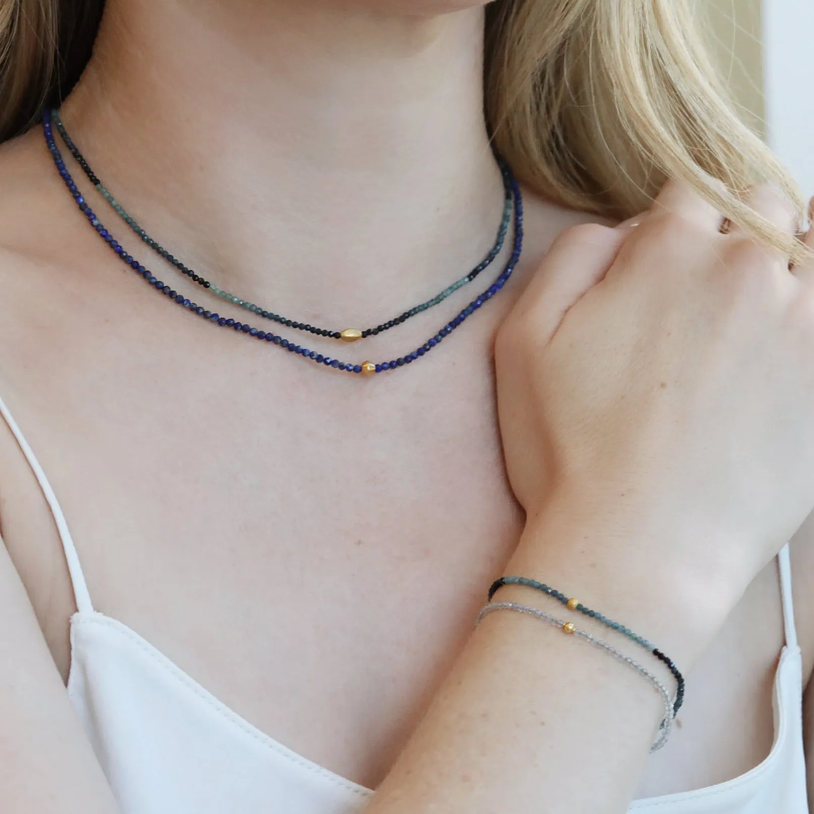 Faceted Blue Lapis Beaded Necklace with 18K Gold Saucer Bead & Clasp