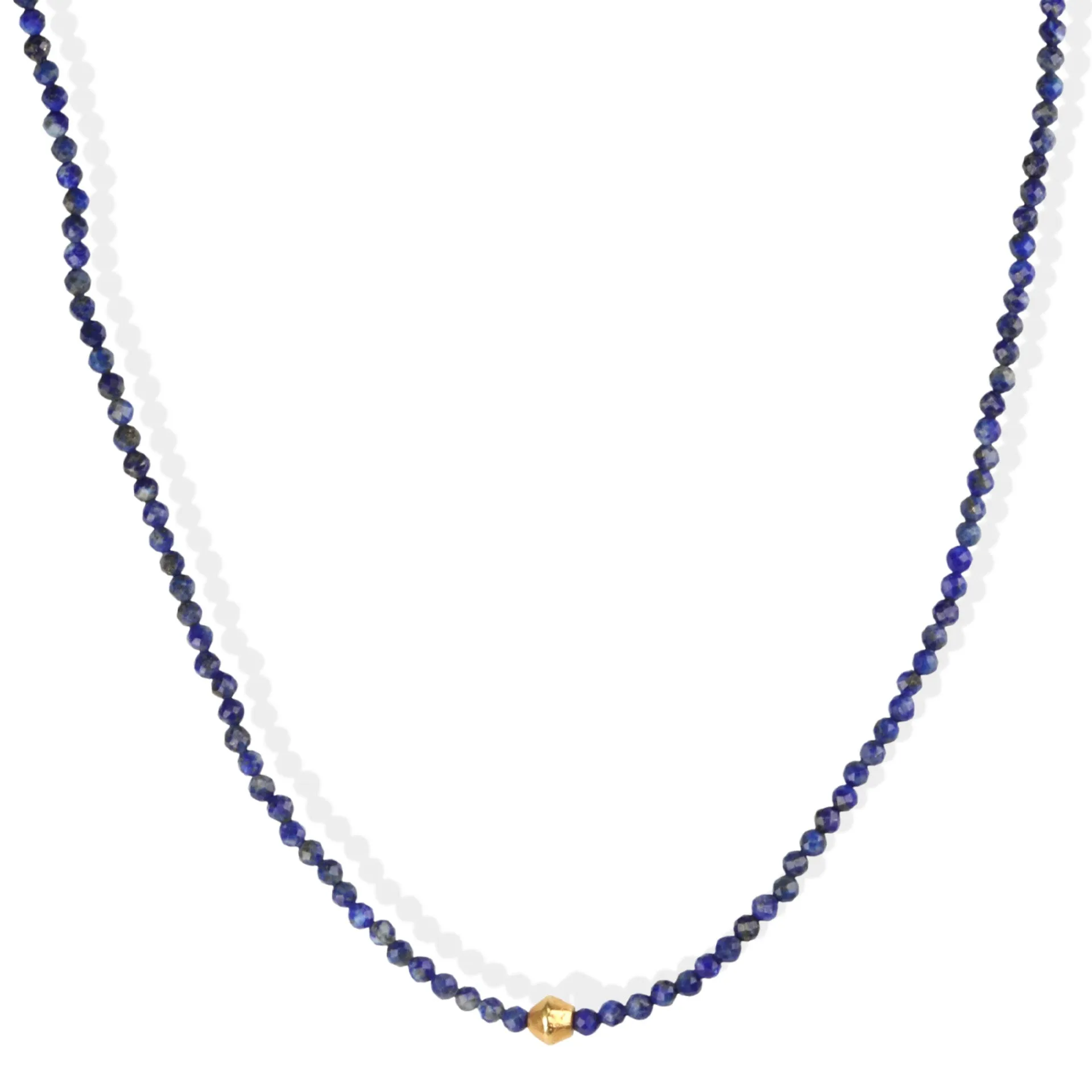 Faceted Blue Lapis Beaded Necklace with 18K Gold Saucer Bead & Clasp