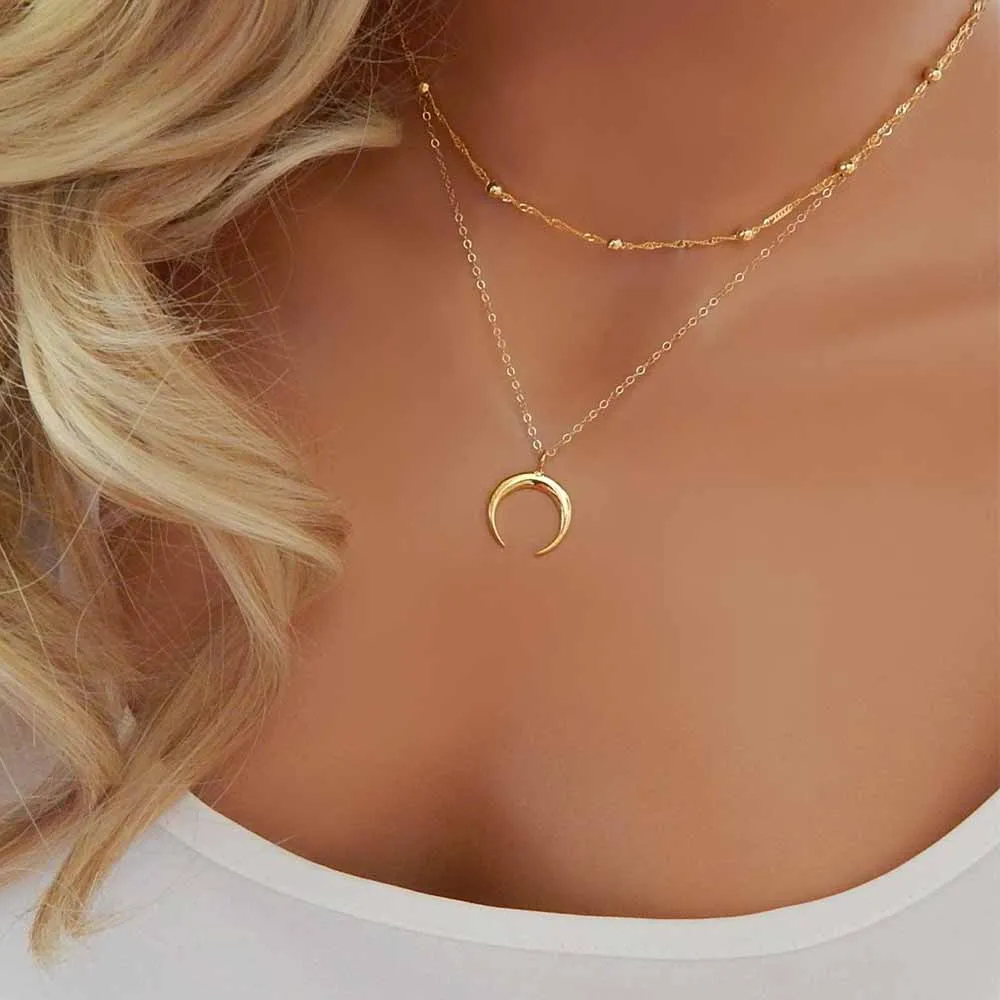 FAMSHIN 2017 New Fashion Double Horn Necklace Crescent Moon Necklace Boho Jewelry Minimal Girlfriend Gift