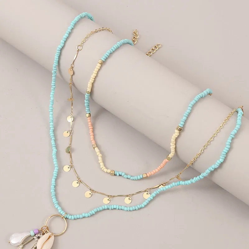 Fashion Blue Glass Beaded Long Necklace Beach Style 3 Pcs/set