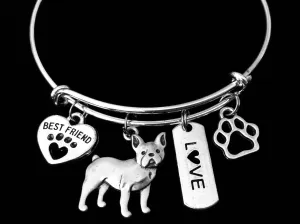 French Bulldog Dog Expandable Charm Bracelet Silver Adjustable Wire Bangle Gift Best Friend Paw Print Pet Animal Lover Jewelry Gift