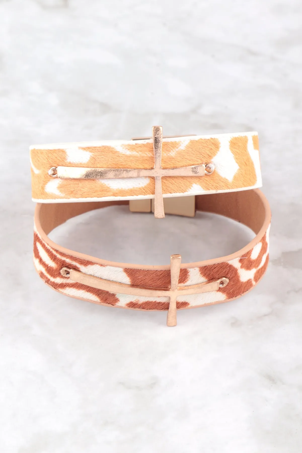 GENUINE LEATHER PRINT CROSS BRACELET