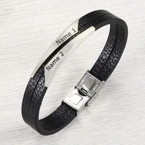 Geometric Stainless Steel Gold Black Customized Personalised Laser Engraved Wrist Band Leather Bracelet for Men - Stylish and Personalized Accessory