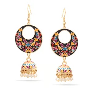 GOLD EPOXY FLOWER DOGRA JHUMKA PEARL CHANDELIER  EARRINGS #SQ312-74 (SE14)
