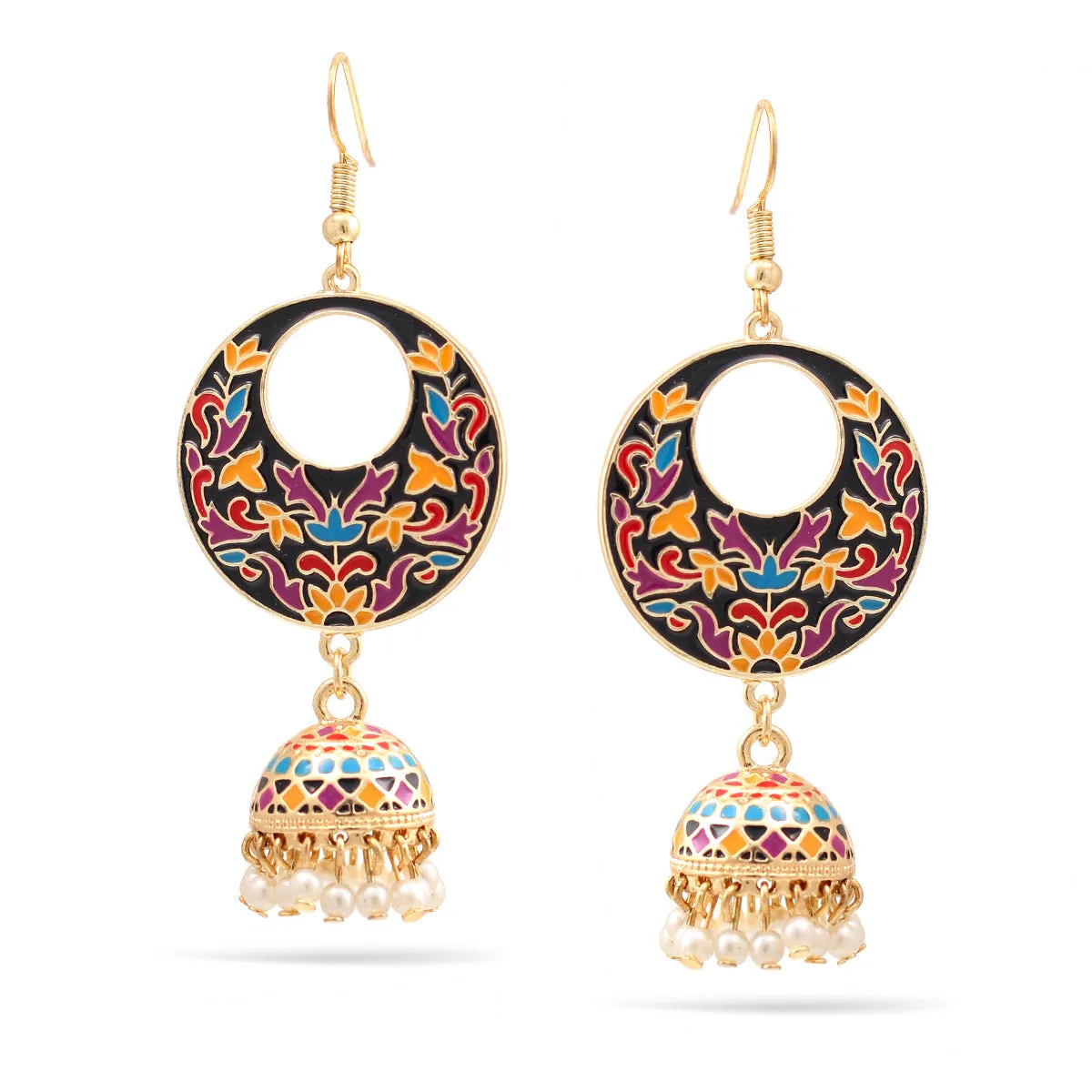 GOLD EPOXY FLOWER DOGRA JHUMKA PEARL CHANDELIER  EARRINGS #SQ312-74 (SE14)