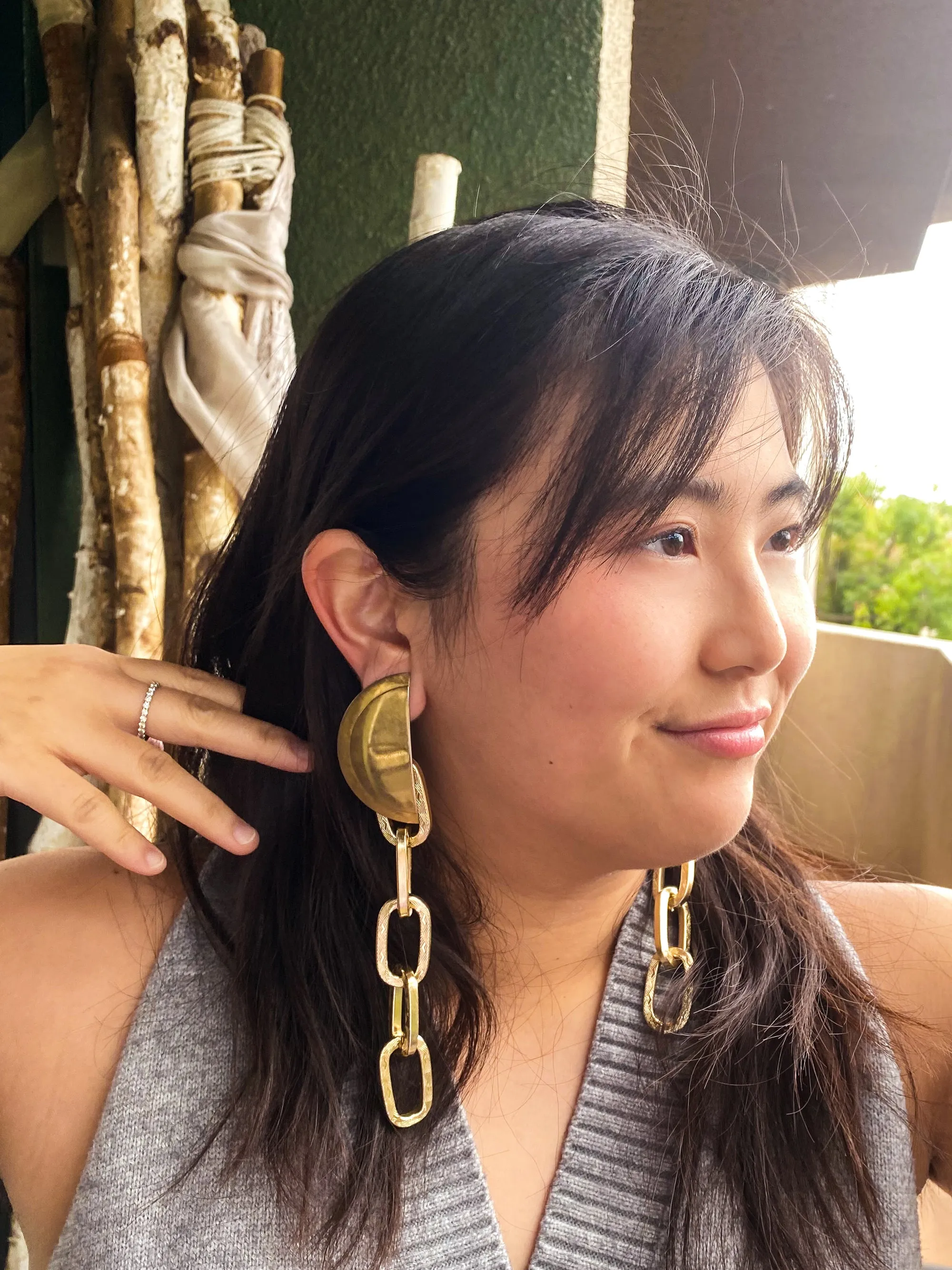 Gold half moon and chain earrings